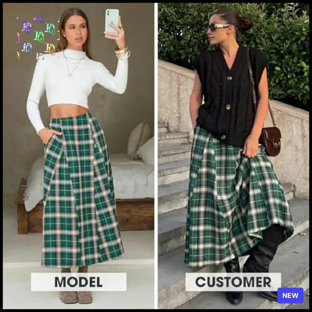 Flannel Plaid Maxi Skirt High Waist A-Line Flared Vintage Style with Pockets